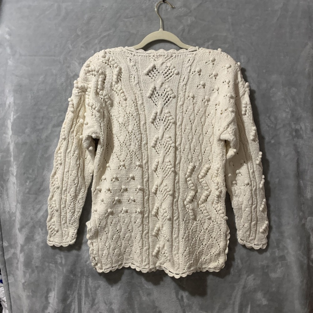 Vintage Yarnworks Sweater Womens Medium Ivory Handknit Cable Popcorn Chunky 90s - Picture 4 of 16